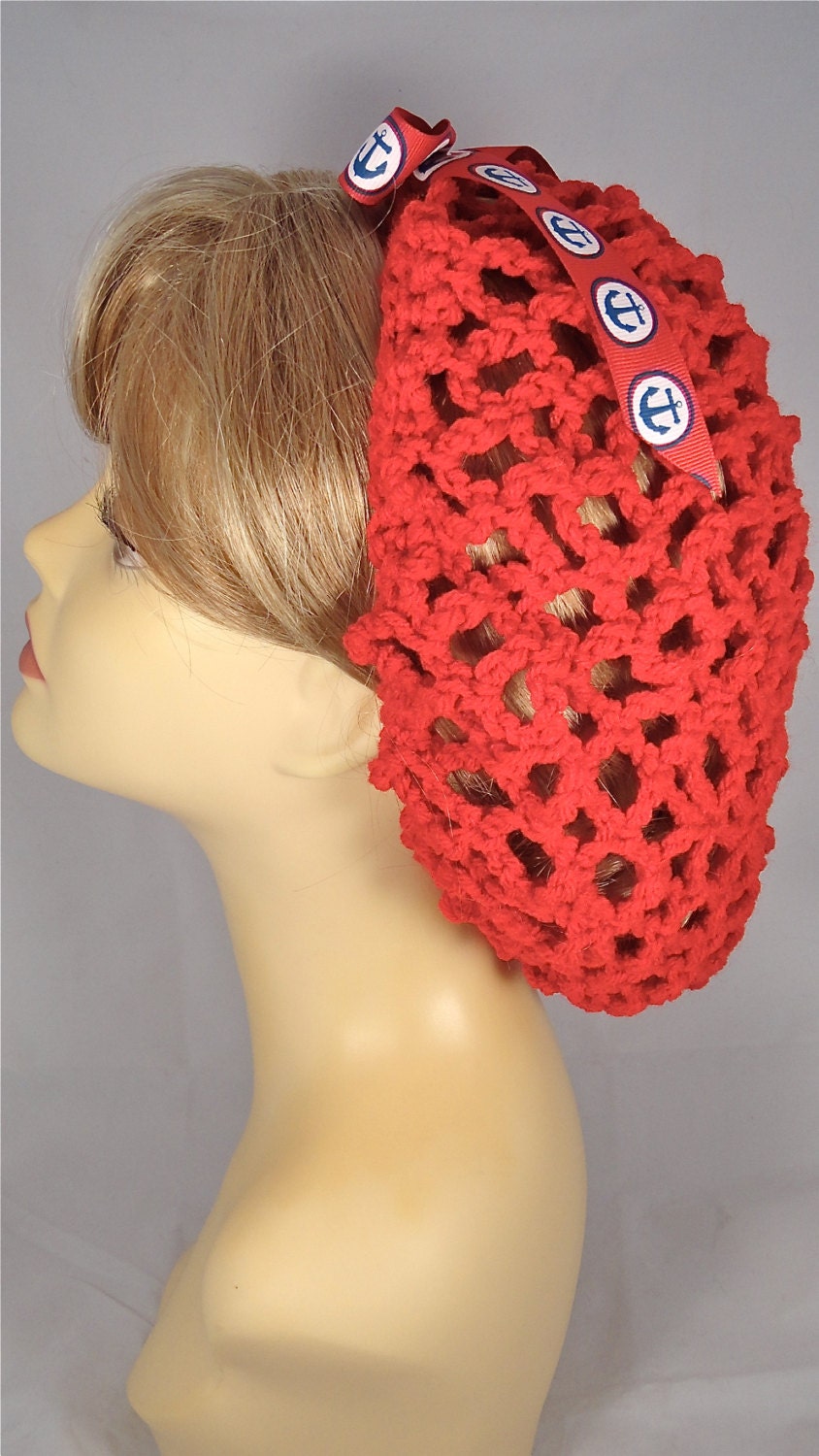 Cherry Red Vintage-Style Snood, crocheted by hand, with Nautical Sailor Bow