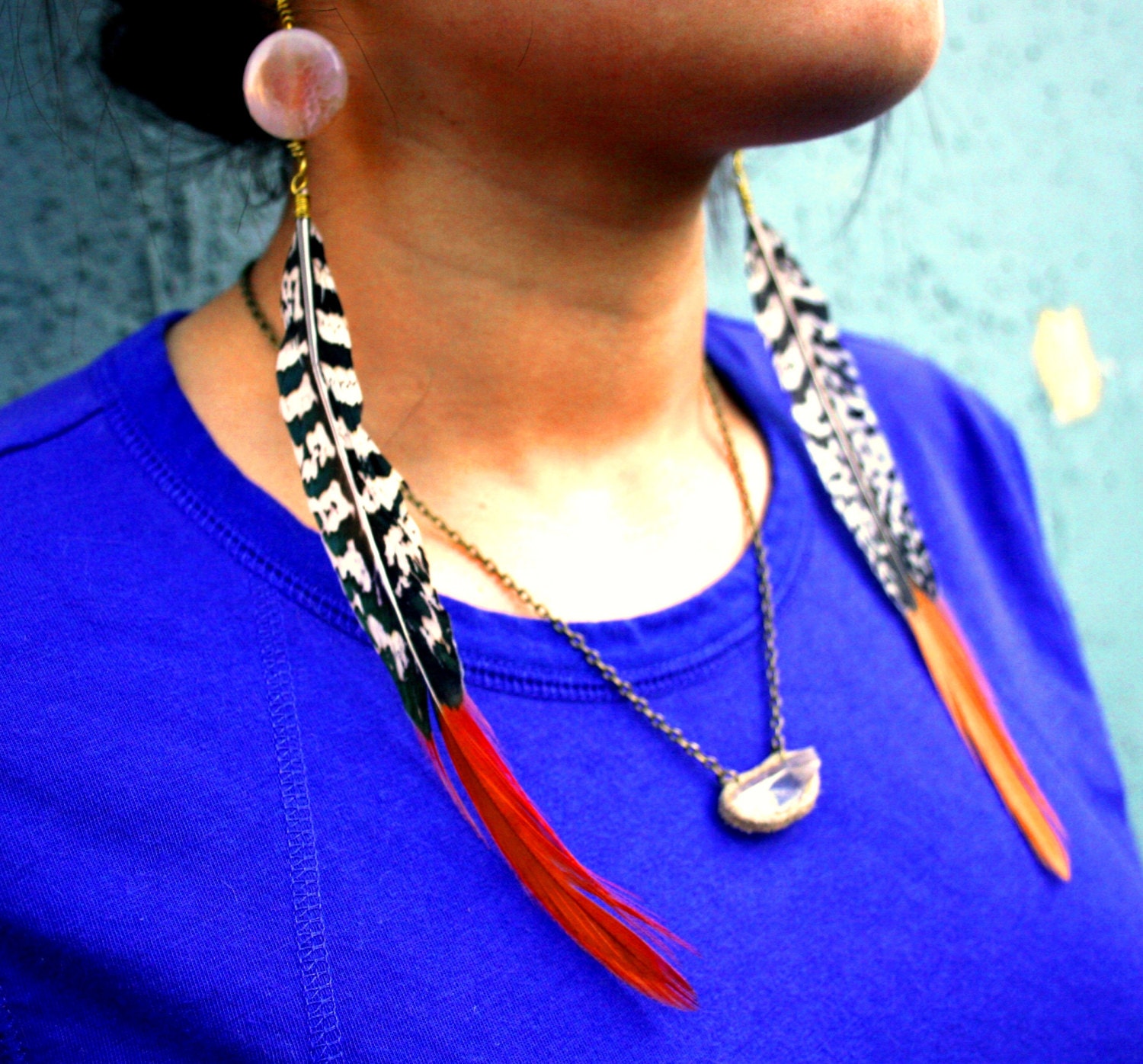 L.A. Raised-Gold and Rust-Agate & Feather Earrings