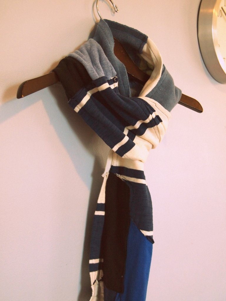 Handmade Up-cycled blue, light gray, black and white women's men's t-shirt scarf