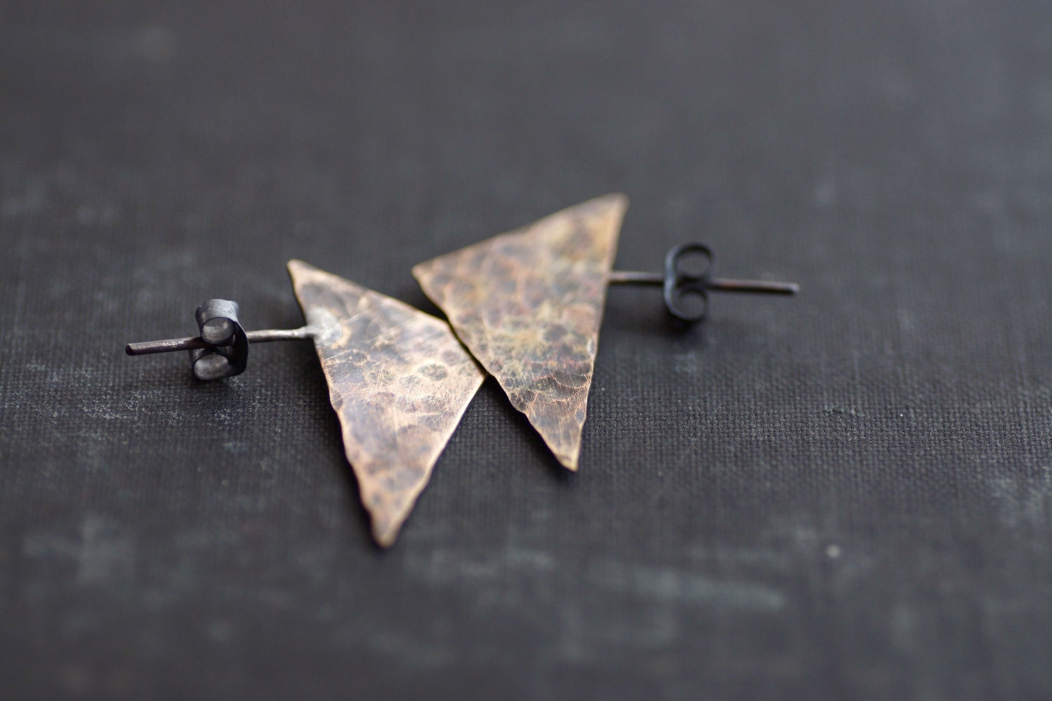 Brass Triangle Post Earrings - Oxidized and Hammered