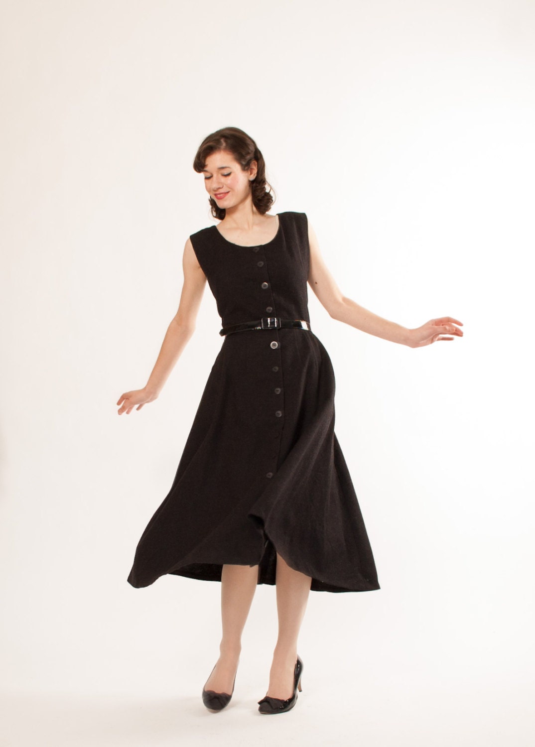 50s Wool Dress - 1950s Jumper - Almost Black Charcoal