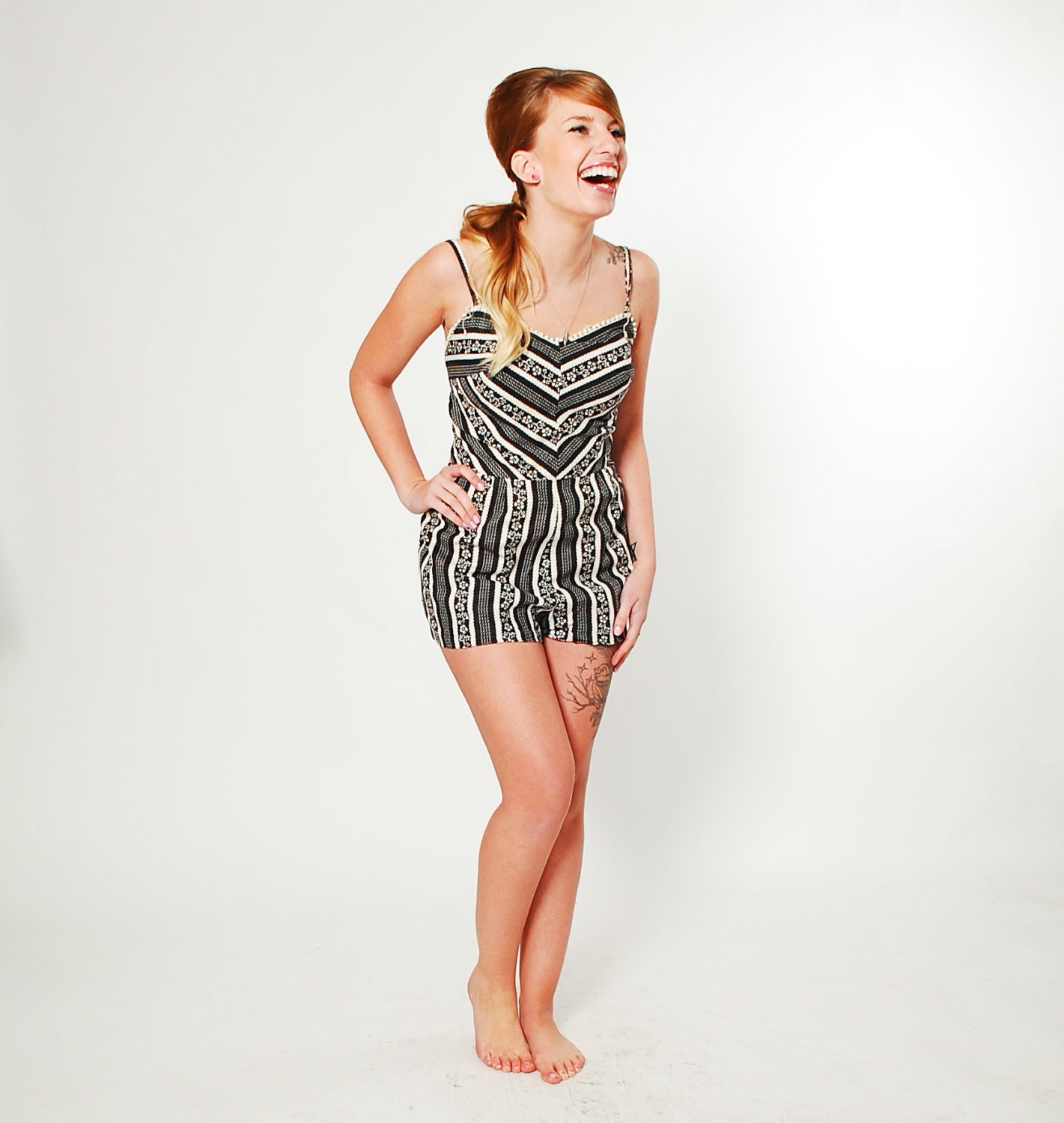 1950s Swimsuit - 50s Bathing Suit - Black and White Stripes and Florals