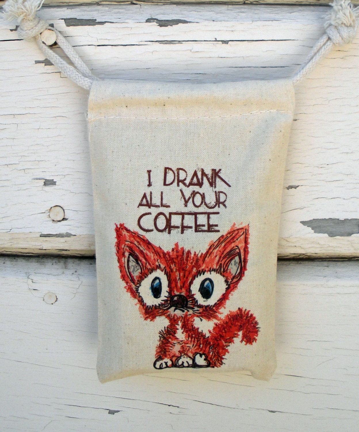 Coffee Kitty Fox Drawstring Fabric Gift Bag