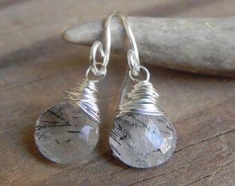 gemstone drop earrings, Tourmalinated quartz earrings, simple quartz drop earrings, semi precious drop earrings