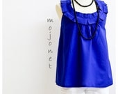 Spring Summer Pleated Ruffle Criss Cross Cotton Sleeveless Blouse Loose Fitting Size M, L Blue Free Alteration