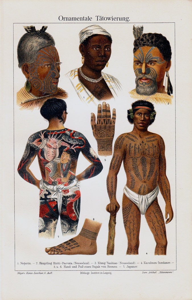 1906 Edwardian TATTOO print,  ORNAMENTAL TATTOOS.  original antique fine cromolithograph