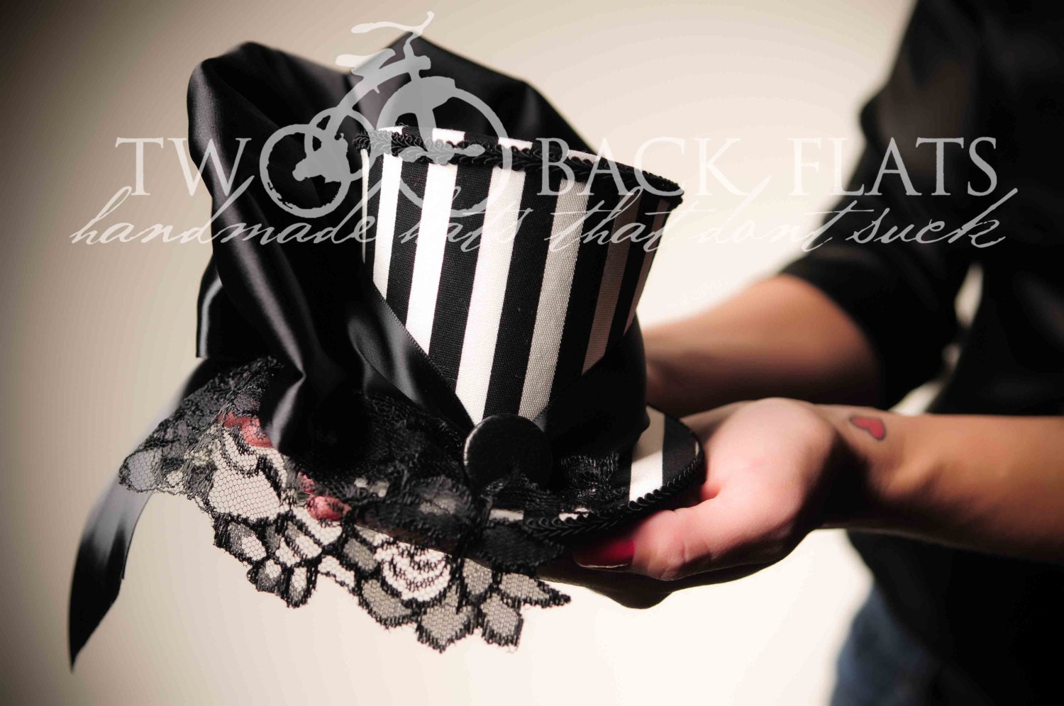 Black and white stripe mini top hat, steampunk mini hat, burlesque fascinators, vintage lace, bridal hats, boudoir prop, Mad Hatter Hat