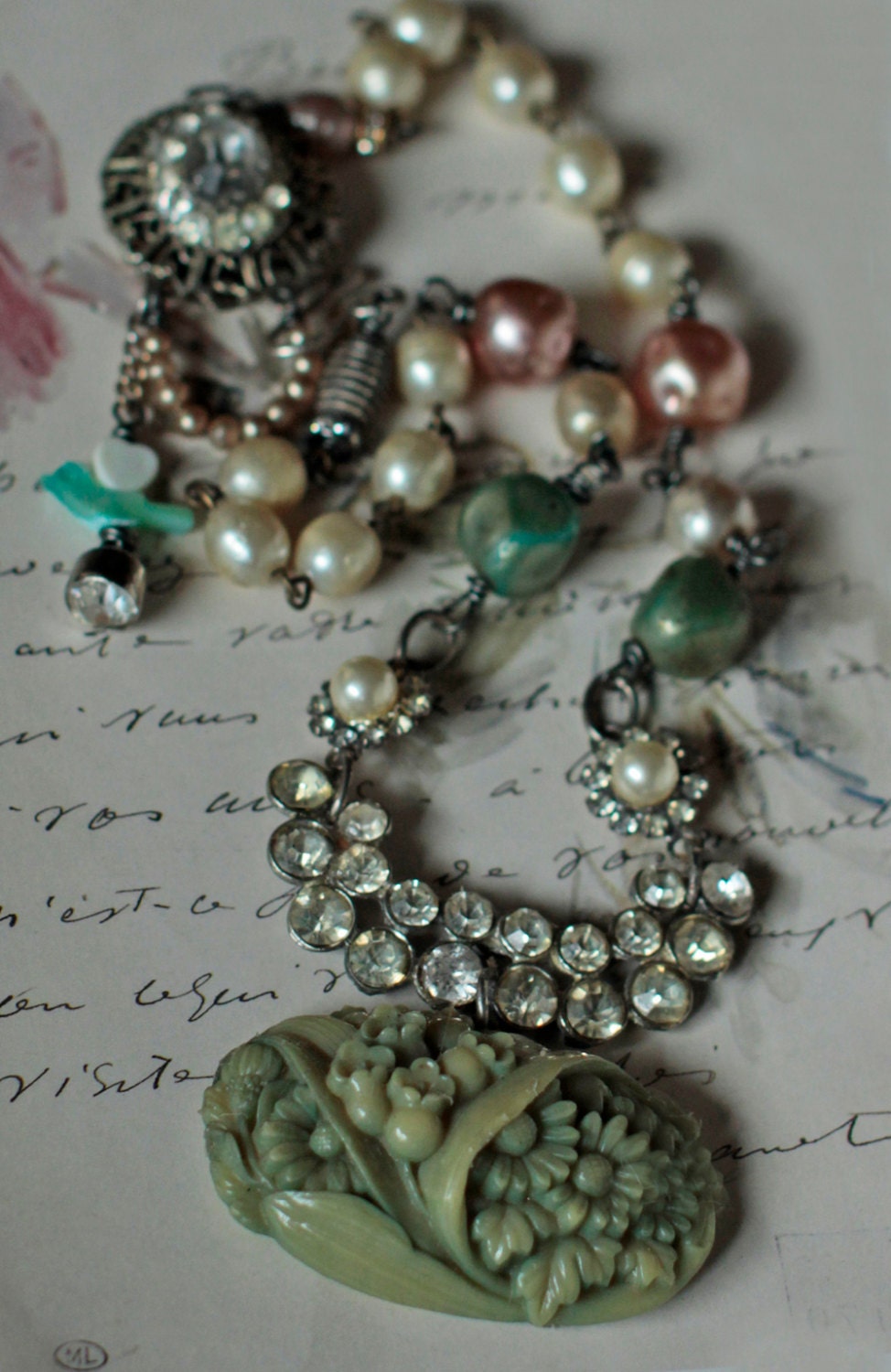English Garden - vintage assemblage floral necklace with rhinestone bakelite Haskell pearls
