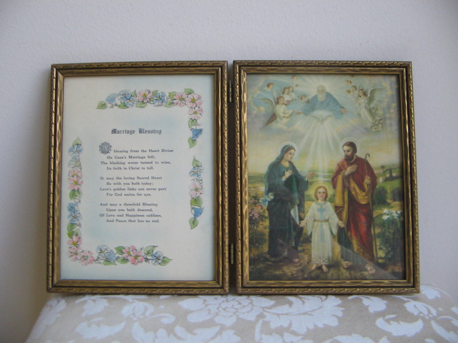 Vintage Marriage Blessing Religious Diptych Doubled Framed Art Prints, Holy Family, God in Heaven, Angels, Wedding Gift 1940's BEAUTIFUL