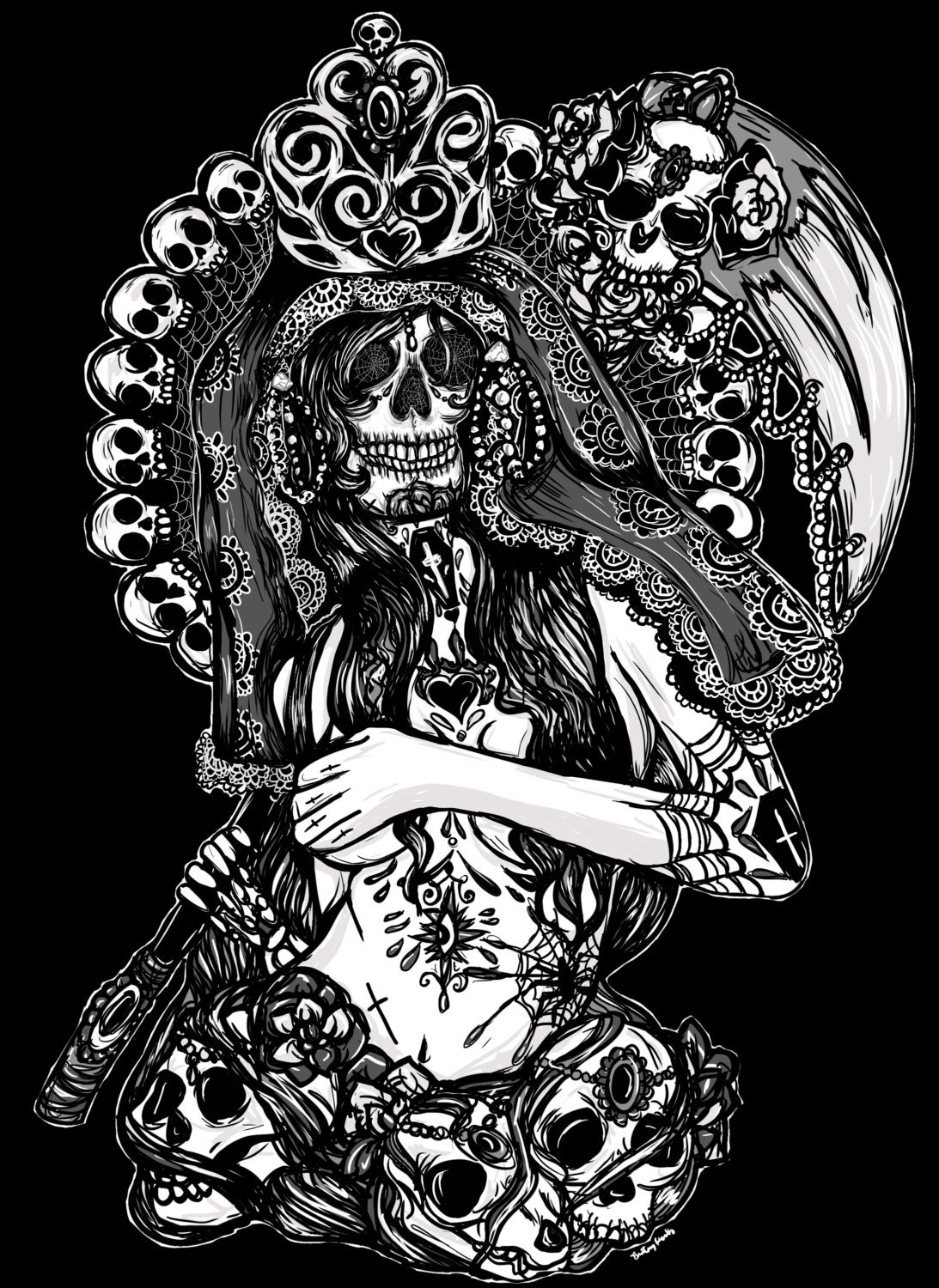 12 by 16  print Skeleton  Pin Up Tattoo death   Art Flash  Day of the Dead Girl Sugar Skull metal Santa Muerte with lace, skulls, and scythe