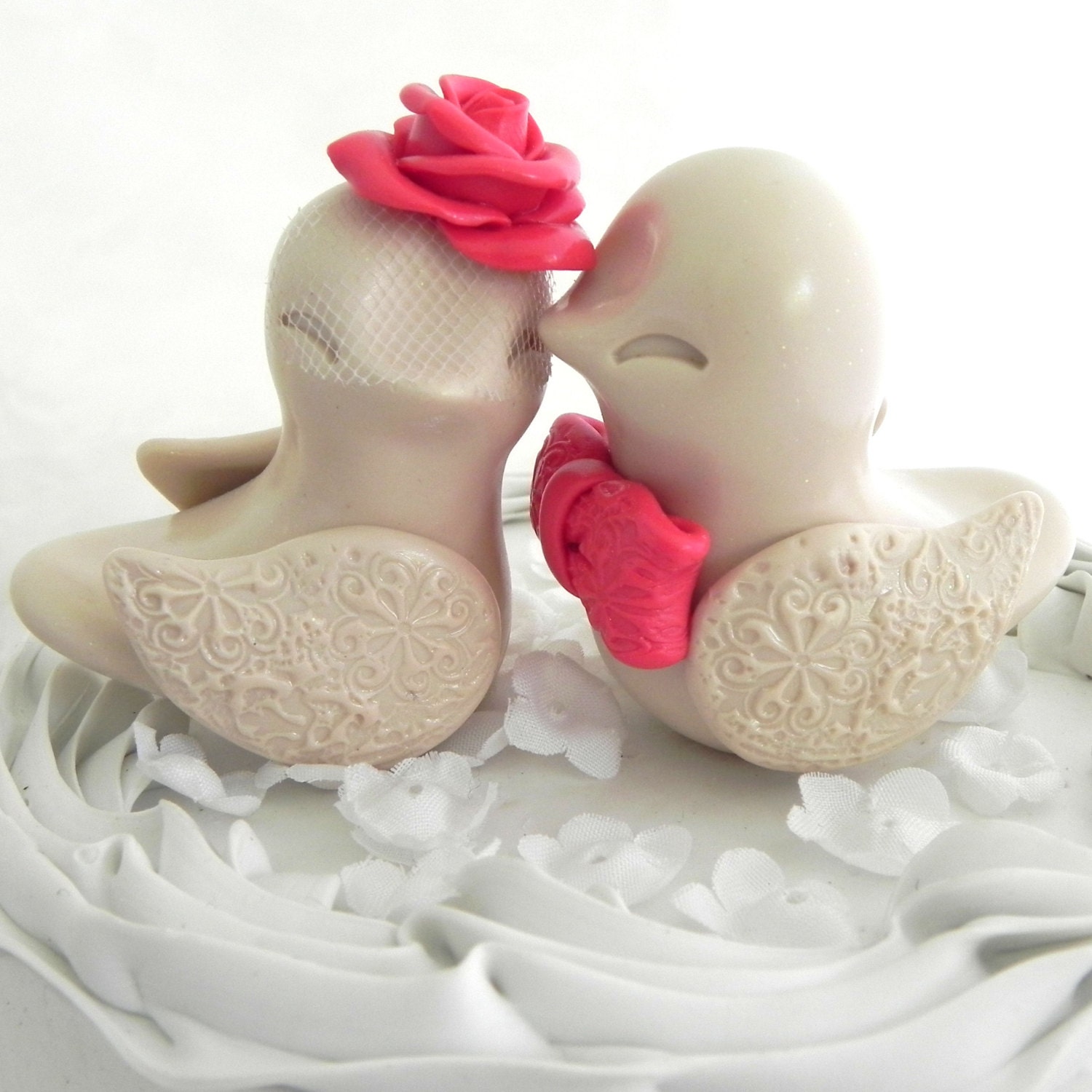 Love Birds Wedding Cake Topper, Tan and Coral, Bride and Groom Keepsake, Fully Customizable