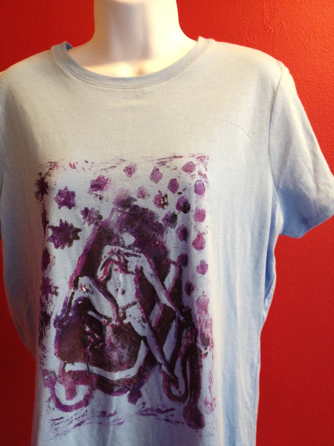 Baby Blue TSHIRT, HOOKAH Boy, LINOLEUM Print, Hand printed, Womans XLarge