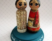 Wedding Cake Topper / Custom Painted Wood Peg dolls with plaque / Traditional Ethnic Wedding