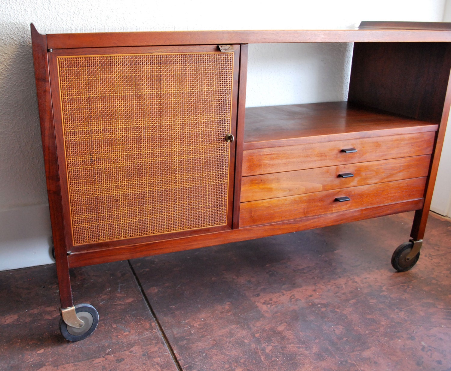 Rolling Walnut Storage Cabinet Black Laminate Top by Jens Risom