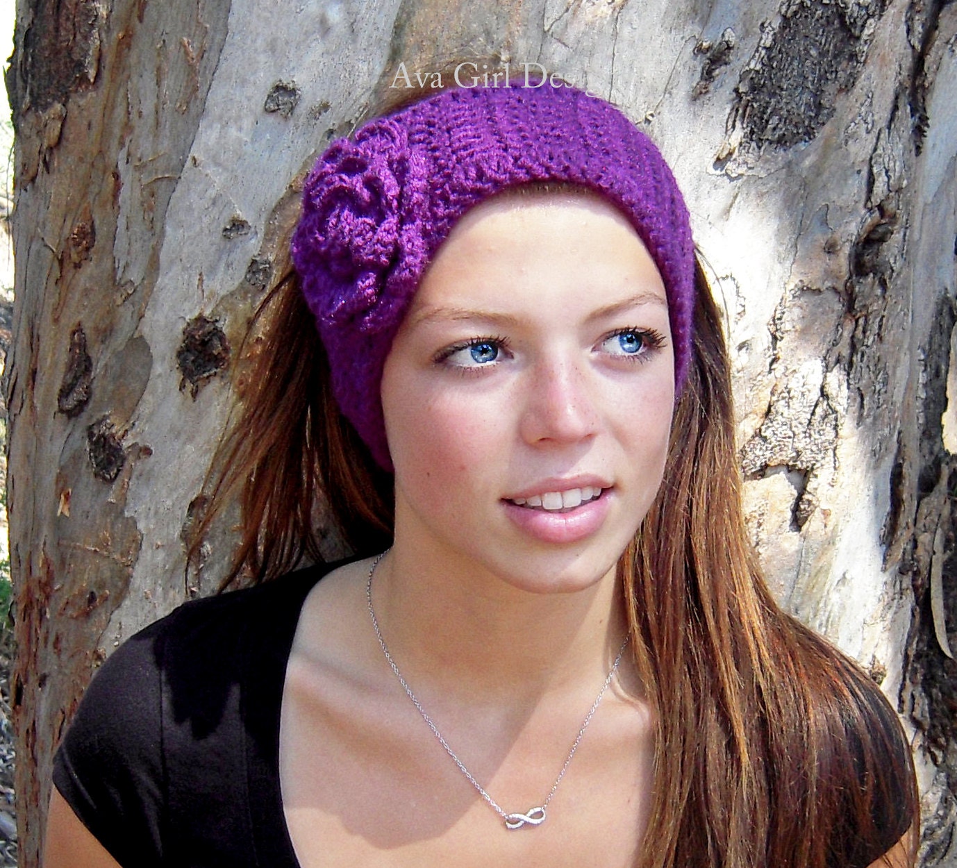 Women's purple head warmer with flower