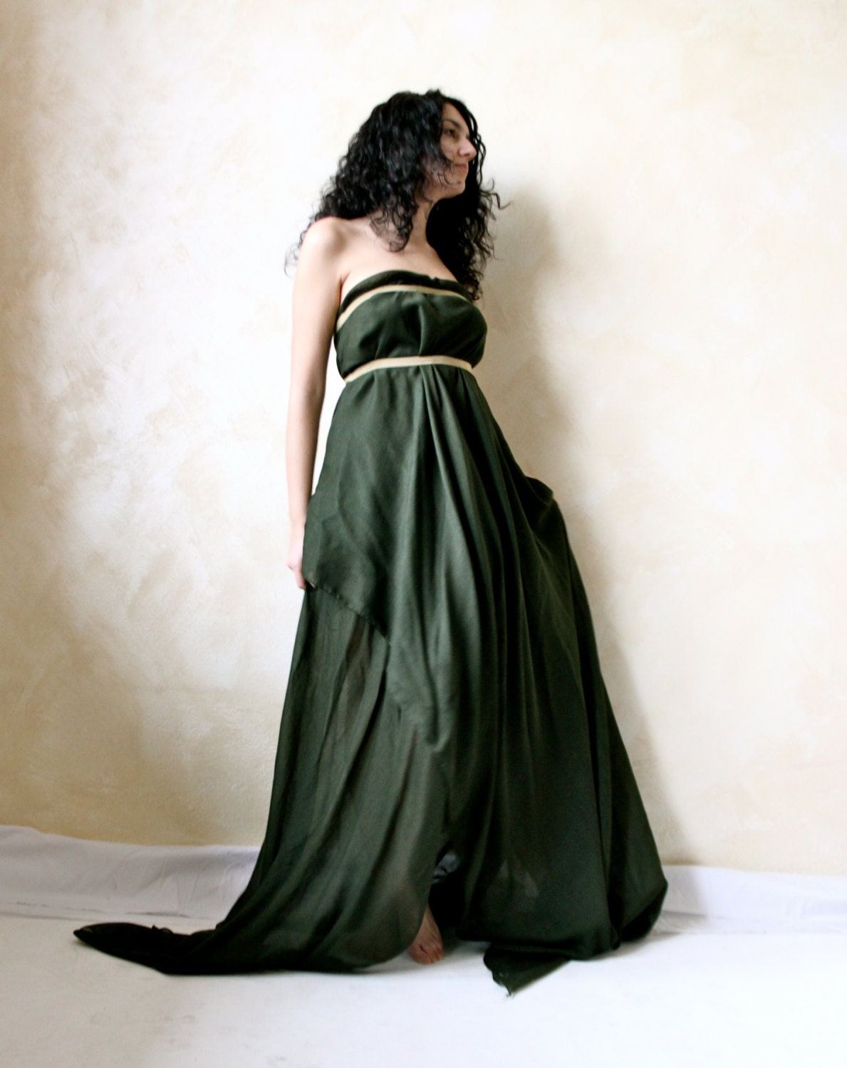 Ethereal fairy gown in moss green muslin - gold & green fairy dress - OOAK alternative wedding gown - elf wedding