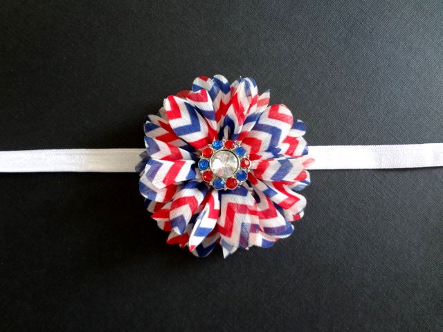 Red, White & Blue Chevron Chiffon Flower Headband. Baby Hair Accessories. Girls Hair Accessories. Chevron Flower Headband. 4th of July