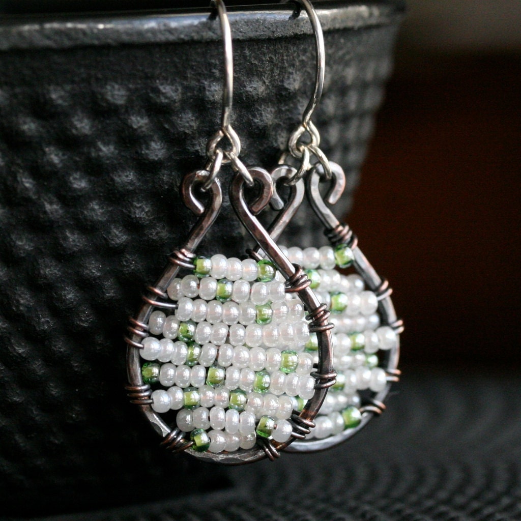 Handmade wire wrapped seed bead earrings, oxidized copper earrings, green, white, beaded, dangle, teardrop, beadwork, Mimi Michele Jewelry