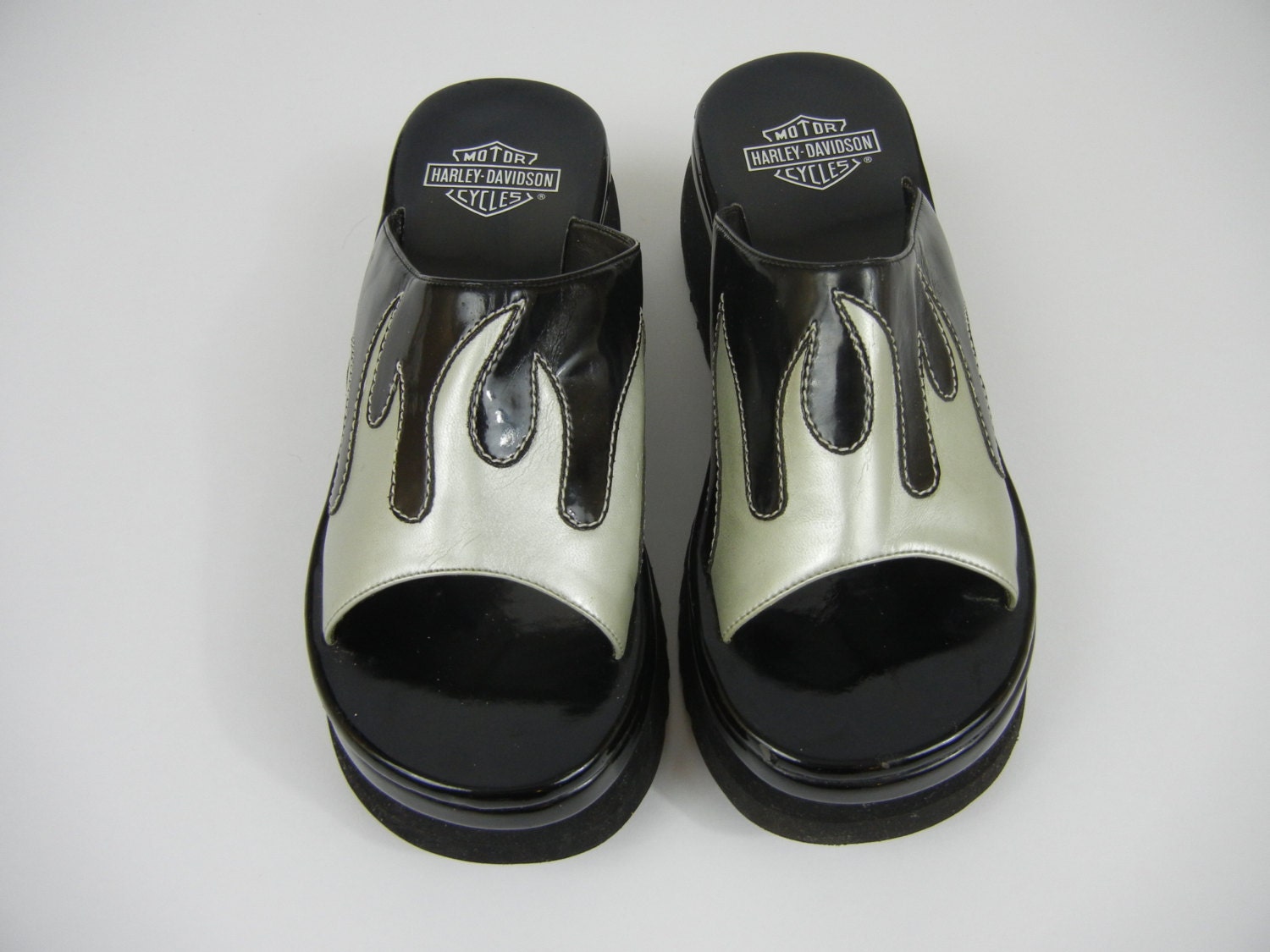 Vintage Flame Sandals, 90's, Size 8.5, UK 6.5, Silver, Black, Tumblr, Goth, Punk, Summer, Club Kid, Raver, Harley Davidson
