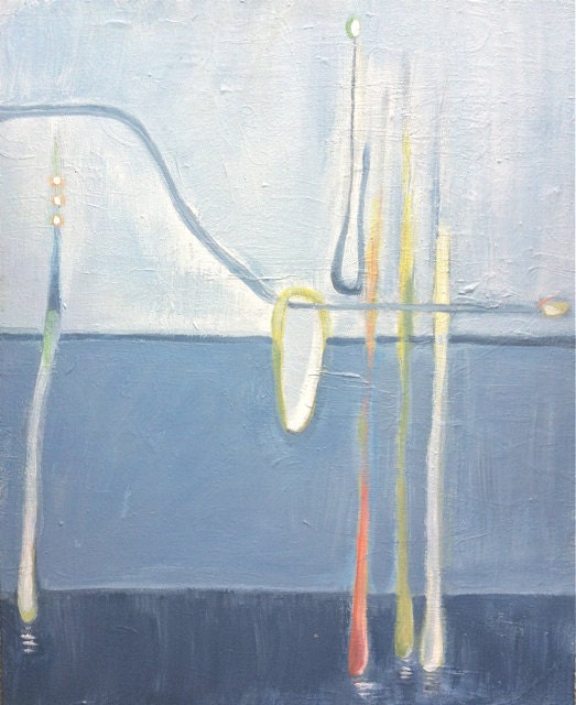 OOAK- Into the Deep Blues-Denim Abstract Painting 16x20"-Modern Minimal-Sky Blue-White-Orange-Yellow-Lime- a bit of Chartreuse- Sea and Sky-