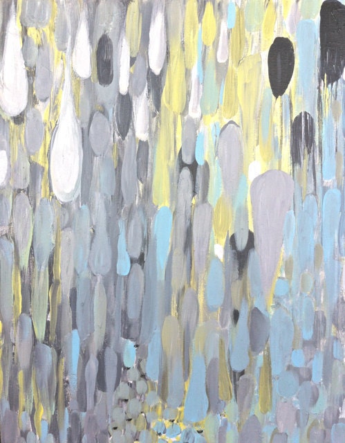 Summer Sea Rain- Abstract on Canvas 16"x20"- White-Grays-Bright Light Blues-Pale green-BluesBright Yellow-