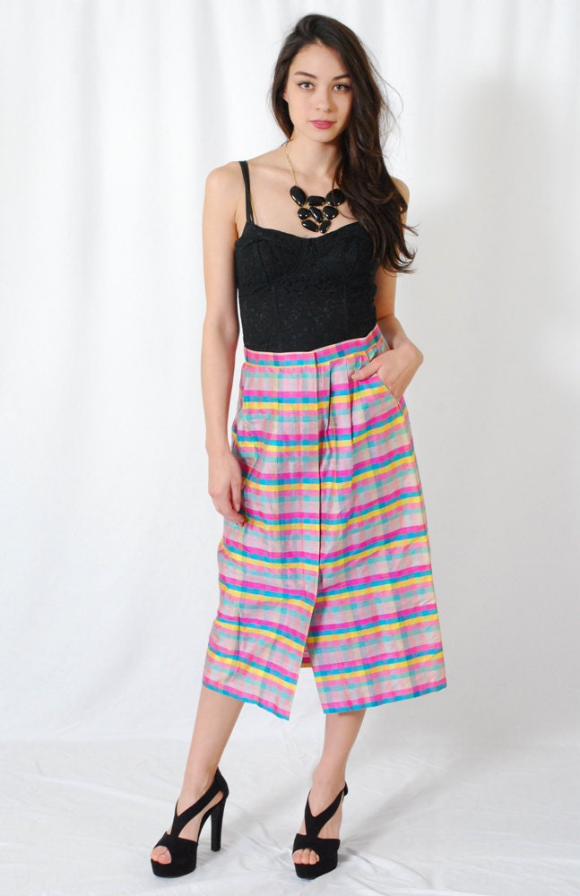 Vintage Silk Striped Skirt 80s High waist Tri-Color Stripe NEON Raw Silk Pencil Skirt S M