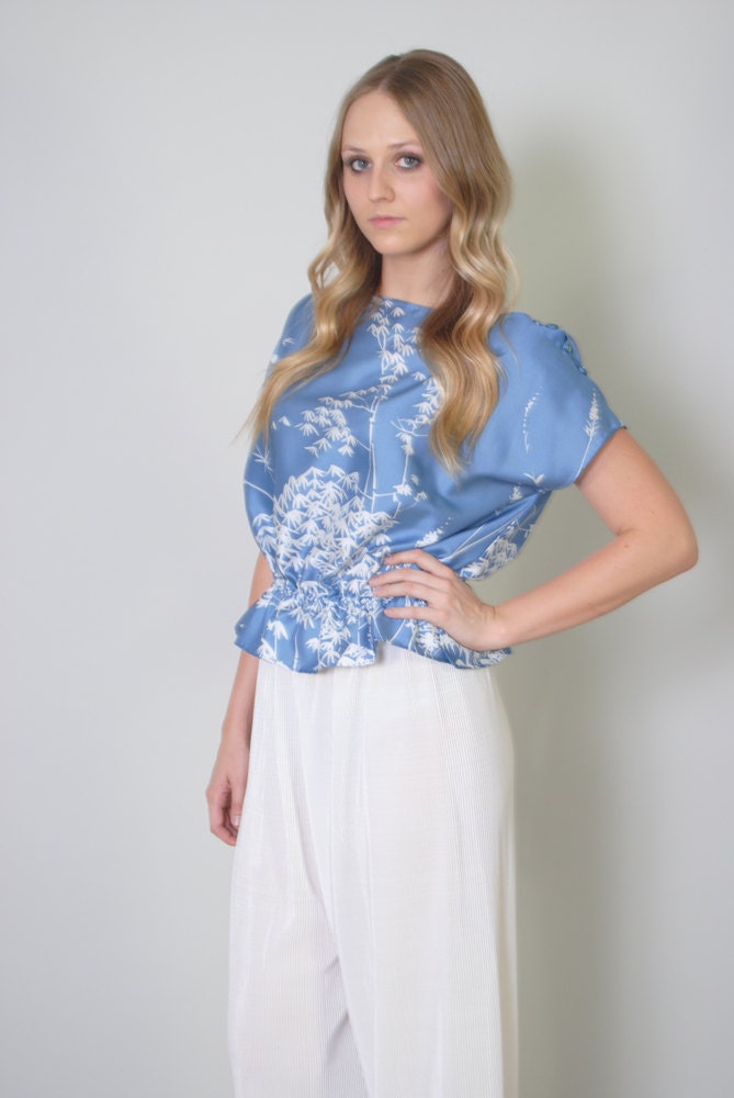 Vintage Shirt 80s Bamboo Sky Blue Top Cap Sleeve Peplum Blouse S M