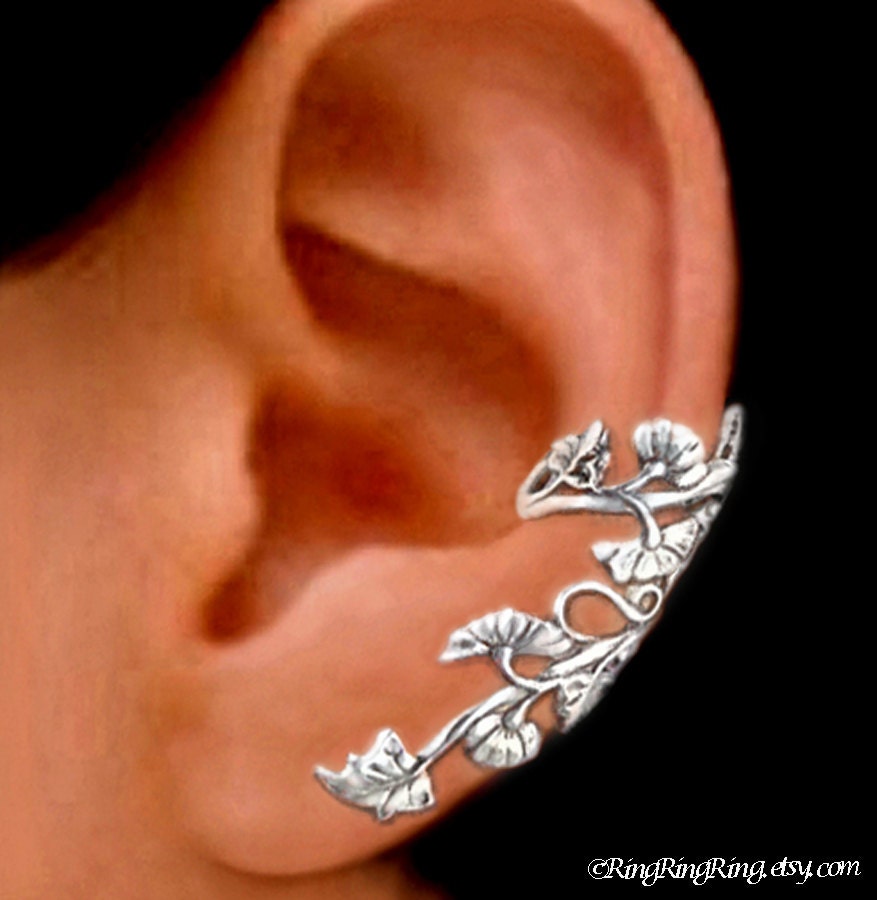 925. Art Nouveau Stream  - Sterling Silver ear cuff earring, Non pierced leaf and flower earcuff jewelry 011313
