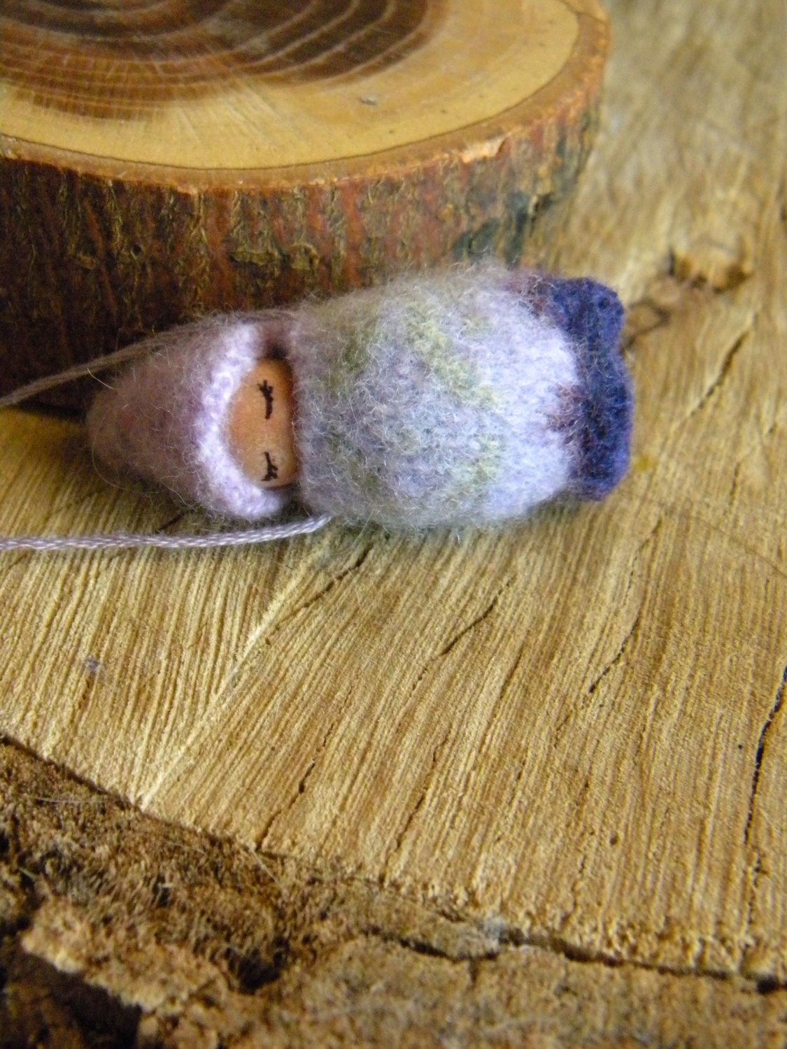 Waldorf Gnome Baby Necklace, Waldorf Baby, Wearable Doll, lavender, purple, Patterned Upcycled wool felt
