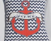 Name Anchor Throw Pillow - Navy Chevron with Red Anchor - 14" x 14" - Perfect for a Nautical Nursery