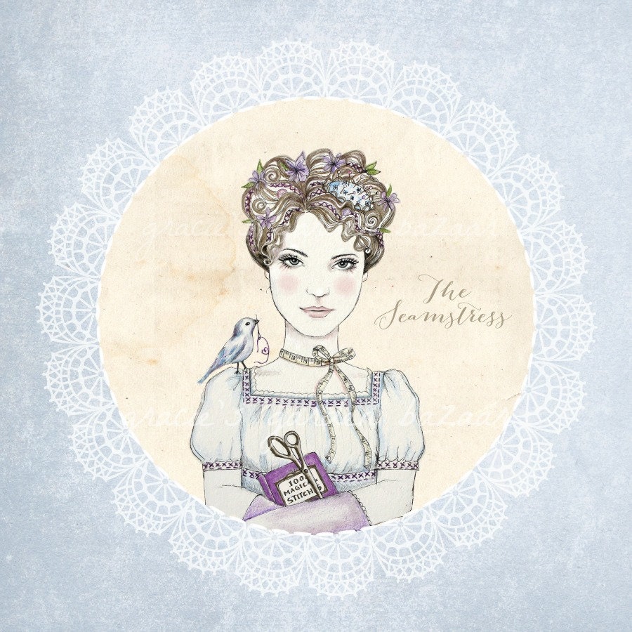 The Seamstress-Giclee print-illustration-lady-sewing-flowers-hair-bird-fairytale-lace-blue-greys-8x8