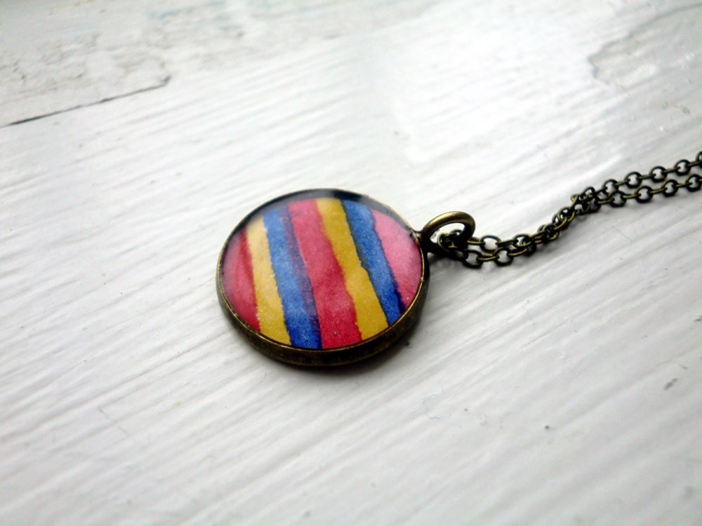 Primary Colors Stripes Necklace - Hand Painted Watercolor Art Charm - Red Yellow Blue Art Necklace
