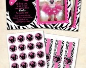 PACKAGE DEAL Zebra Minnie Mouse Invitation, Thank you Card, water bottle labels and cupcake toppers/stickers/tag BUNDLE 1-3 pictures