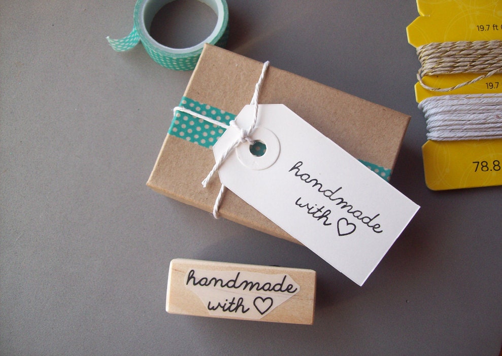 Handmade with Love Rubber Stamp, Handwritten Cursive with Heart