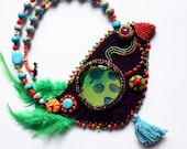 Blackbird - Red Green Yellow Beaded Rainbow Feather Bird Necklace
