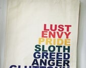 Seven Deadly Sins AND Seven Heavenly Virtues Double Sided Organic Cotton Canvas Rainbow Lettered Tote