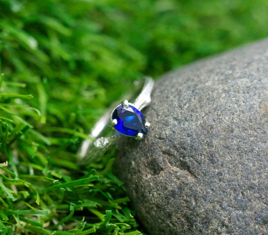 Blue Pear shape sapphire engagement  ring / Twig engagement Ring made of 14k white gold / Diamond alternative ring