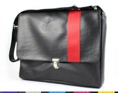 Men's large black vinyl messenger bag / satchel - colored seatbelt stripe - choose your color, laptop bag, shoulder bag, work bag