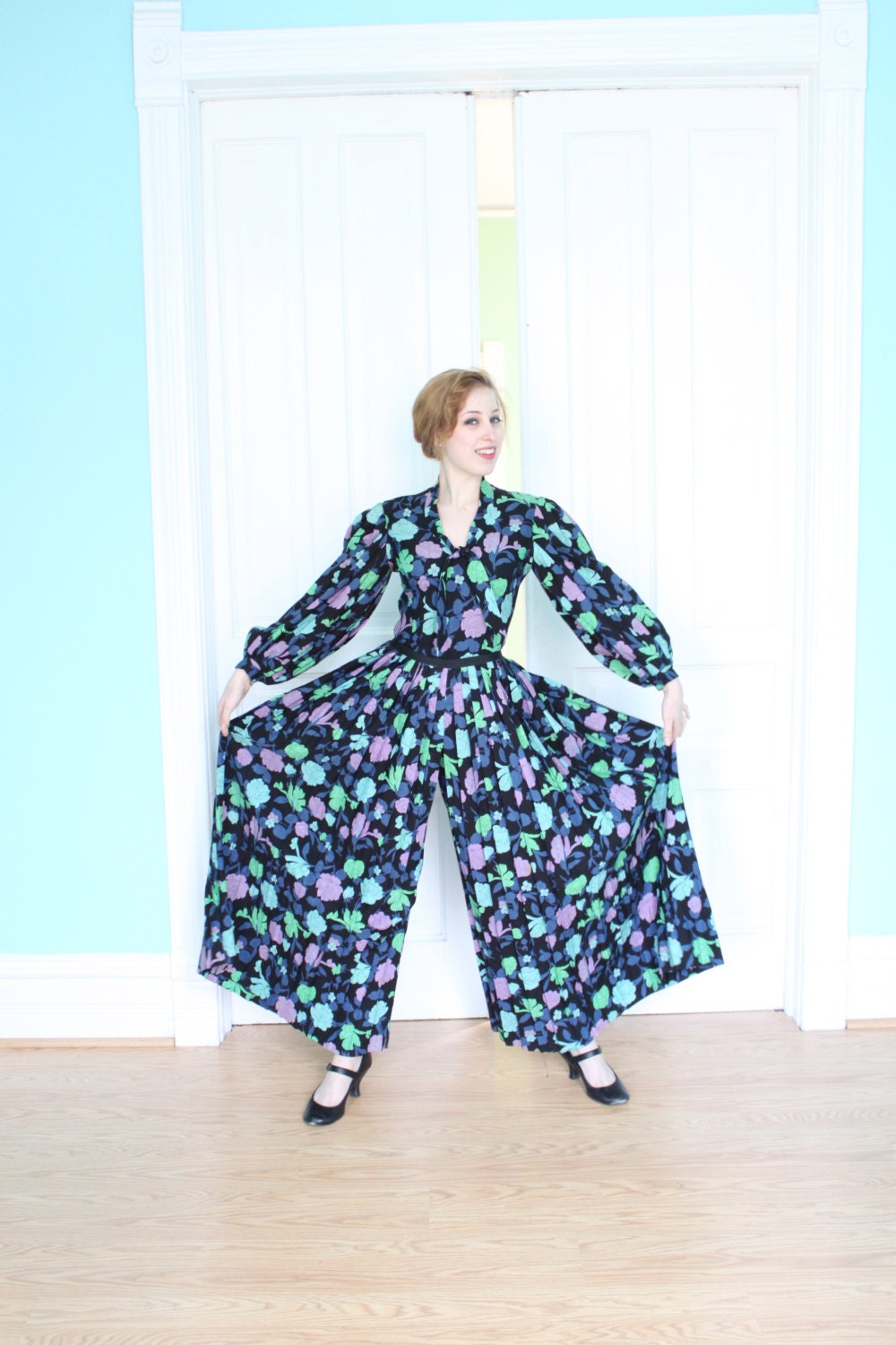 Palazzo Pants Shirt 1970s 1960s  Vintage 70s 60s Wide Leg Pants Floral Small S Medium M