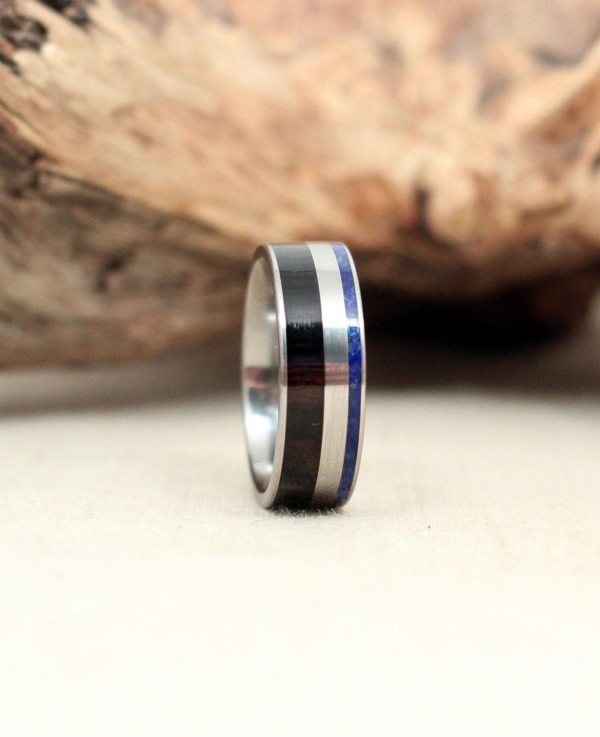 Size 8.5 - African Blackwood and Lapis Lazuli Deconstructed Wooden Ring Titanium Ring