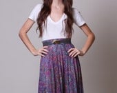 70s Skirt - Vintage Paisley Skirt - Purple Paisley Pleated Skirt - Boho Hippy - L XL