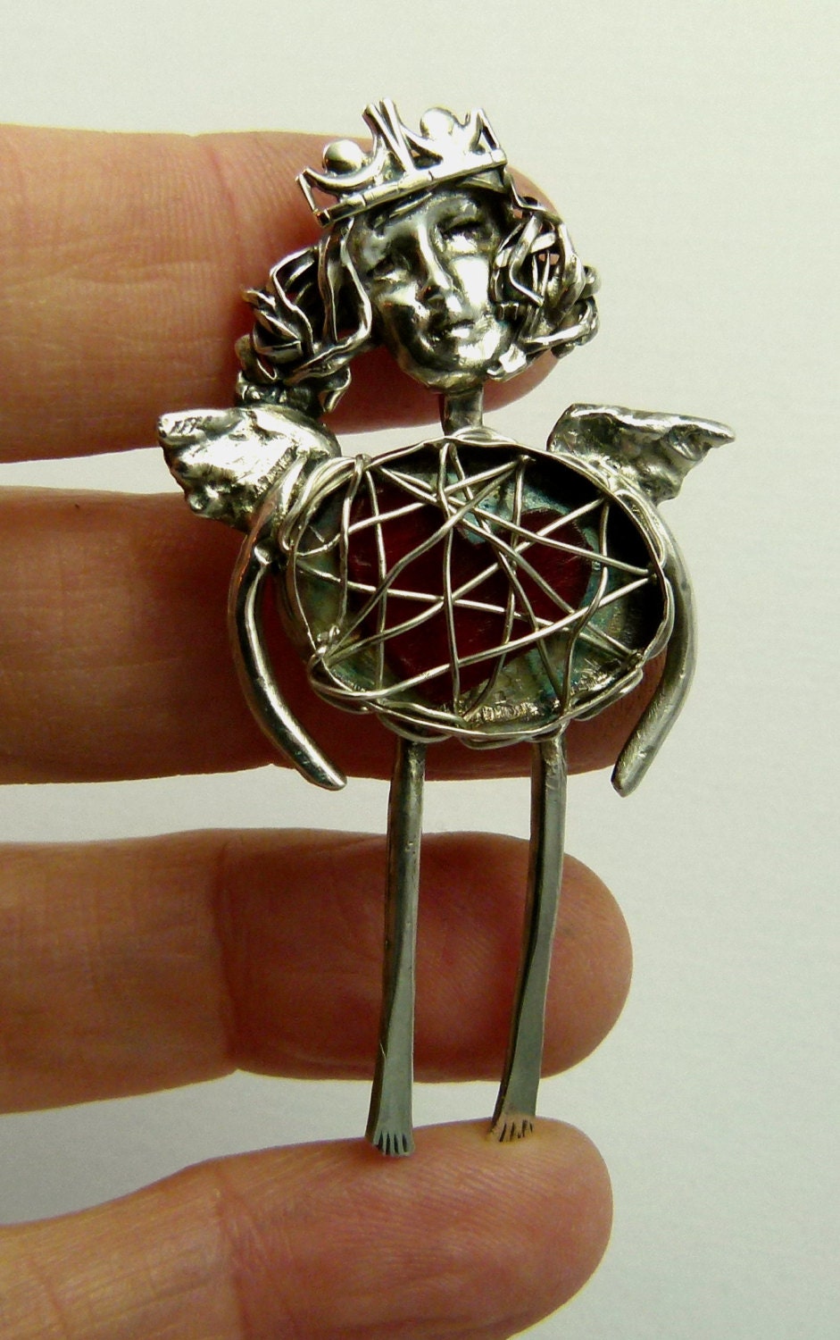 Angel Pavarti Protects Her Heart - Up Cycled Sterling, Red Vinyl Record, and PMC - Art Jewelry Pendant - 1030