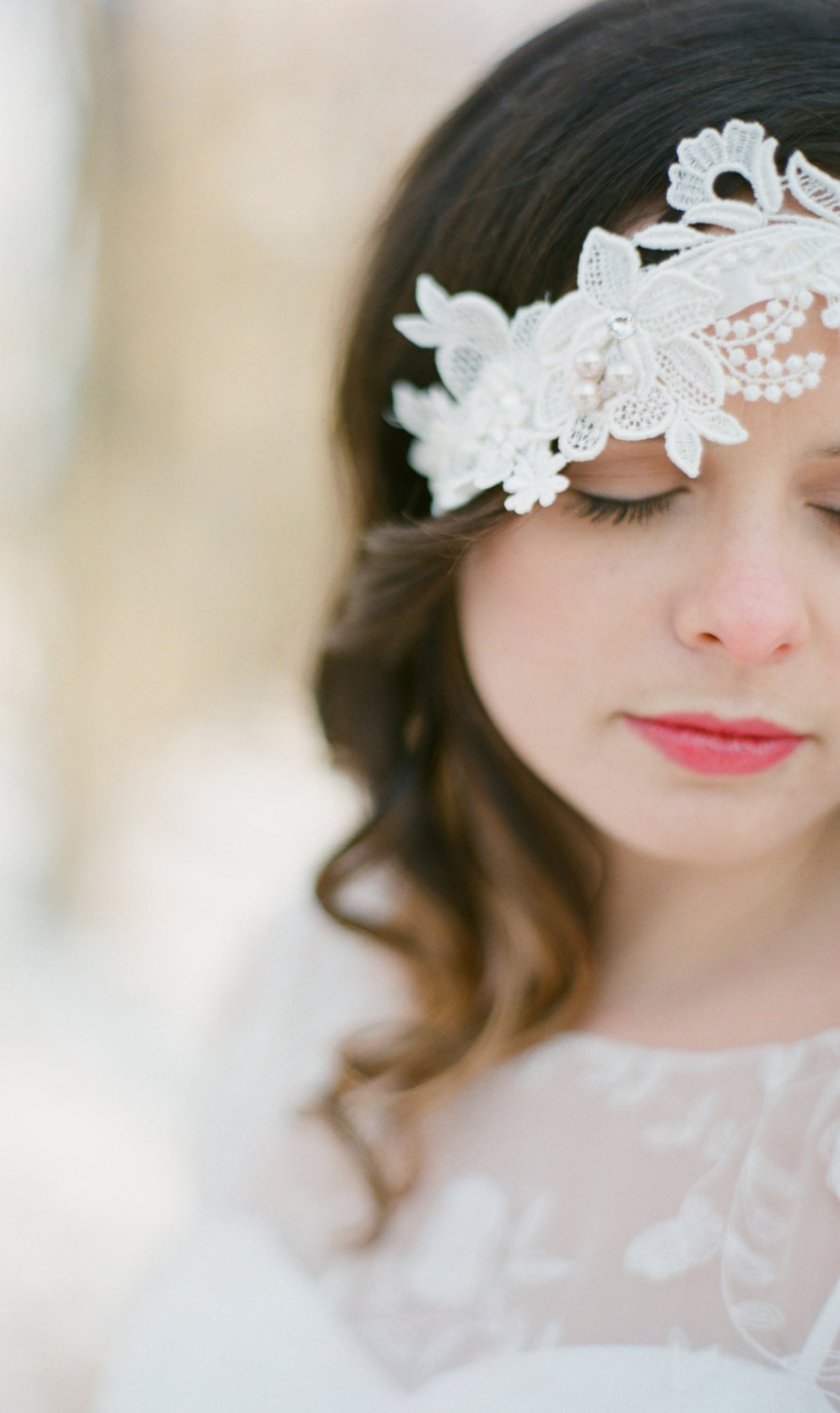 Alencon Lace Bridal Sash / Headband with Rhinestone and Pearl Details