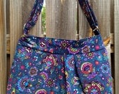 Hobo Purse Cross Body Pleated Bag with Adjustable Strap and Zipper Closure  - blue, purple, red and green corduroy flowered fabric