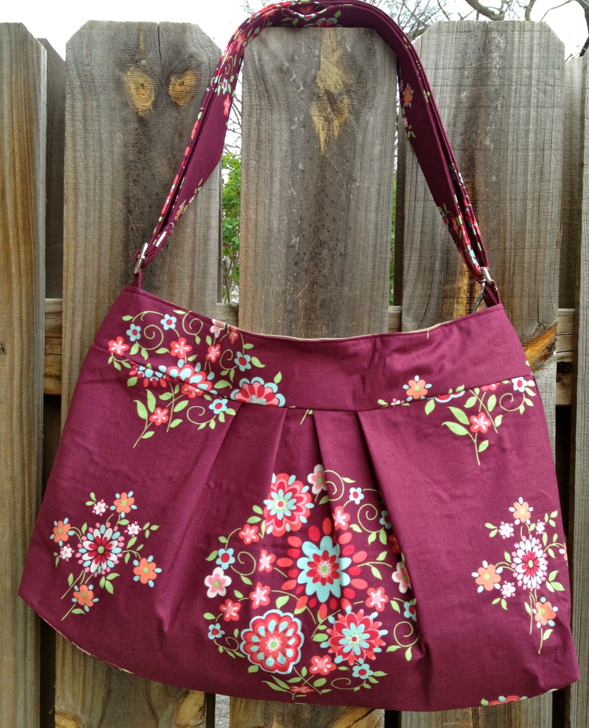 Hobo Purse Cross Body Pleated Bag with Adjustable Strap and Zipper Closure  - pink & mauve flowers