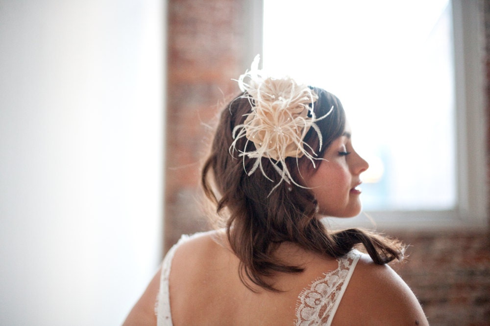 Silk Headpiece, Bridal Double Hair Flower, Champagne, French Vanilla, Blair