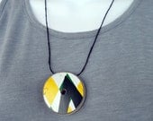 Self Tie Recycled Skateboard Deck Wooden Circle Bead Necklace on Hemp - Yellow Green Black and White Geometric