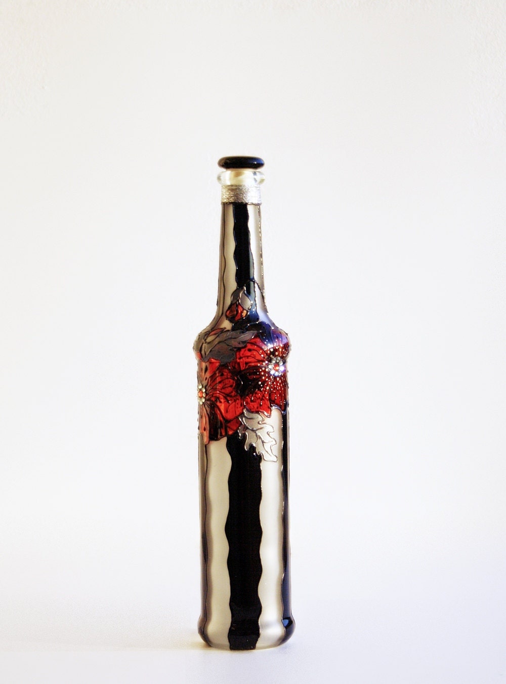 Hand Painted Bottle Matt Glass Upcycled Red Poppy Black Stripes Swarovski crystals - NevenaArtGlass