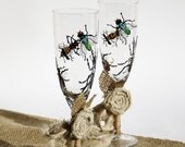 Champagne Toasting Hand Painted Glasses Flutes Rustic Shabby Style Insects Painting set of 2