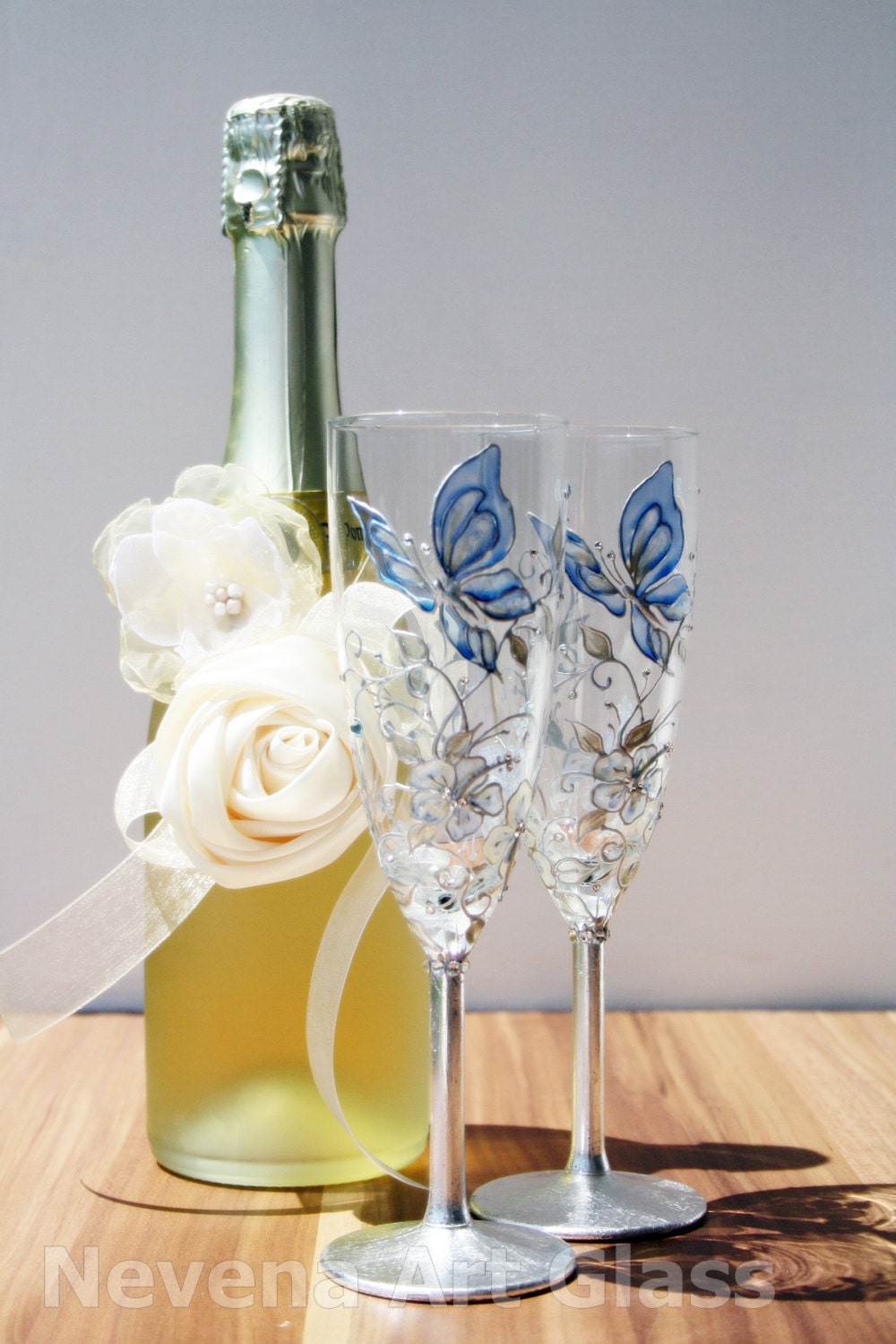 Wedding Champagne Glasses Hand Painted in  Aqua Blue Silver Cream Decorated with Swarovski Crystals